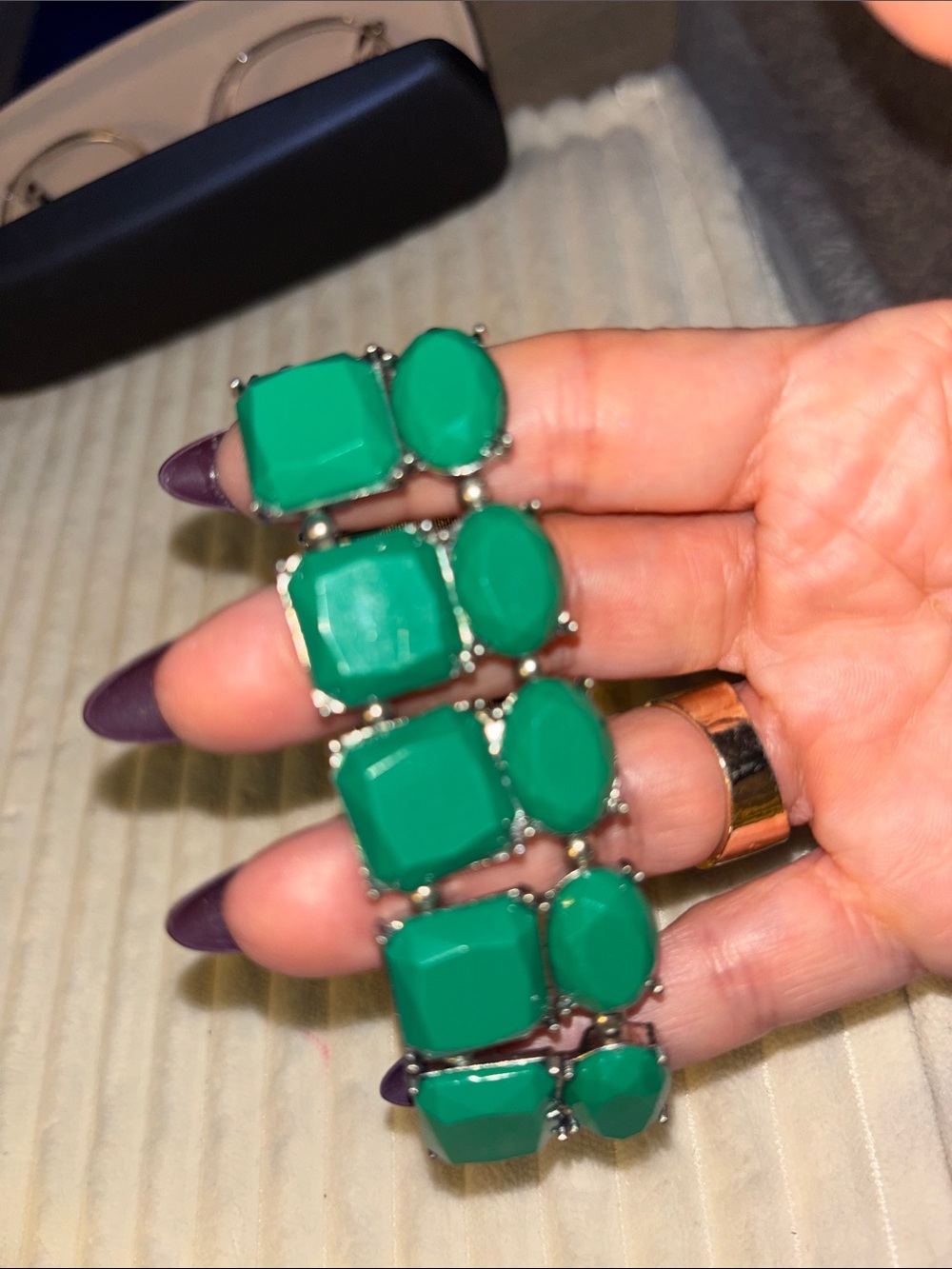 Green Statement Bracelet - Elegant Faceted Tile Links